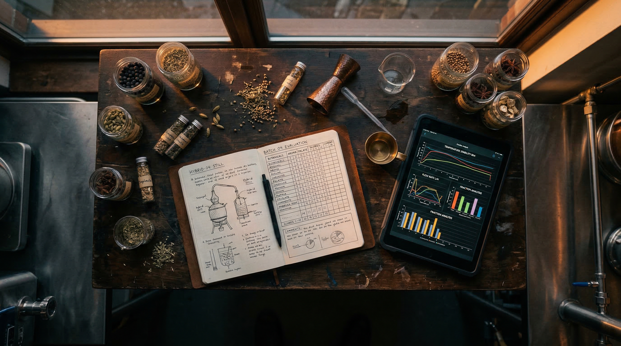 Overhead view of distillery workbench with hand-drawn notebook, scoring matrices, botanical samples in jars, and tablet showing analytics