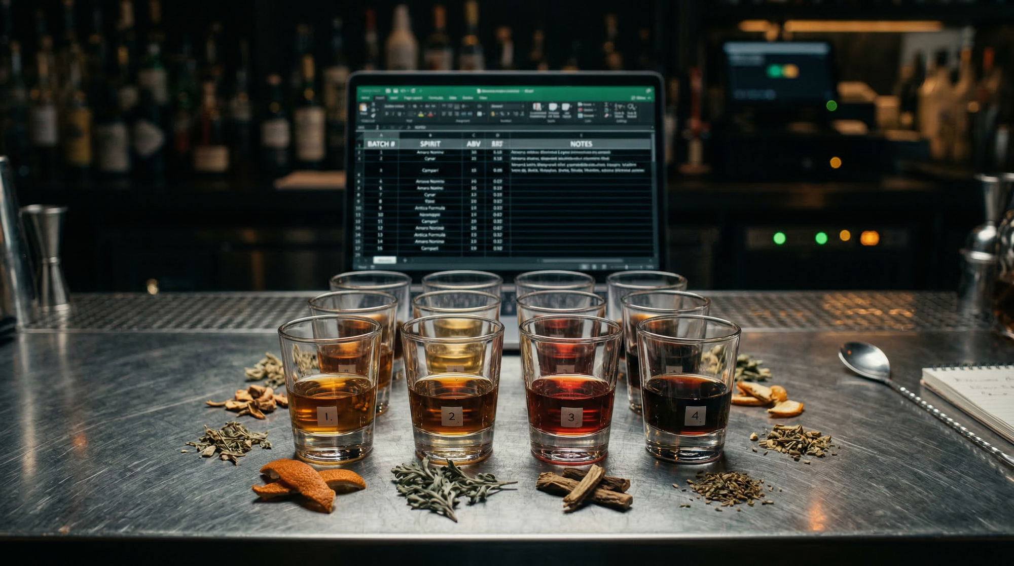 Tasting glasses of amber and ruby amaro samples arranged on a steel bar surface with botanicals and a spreadsheet on a laptop behind