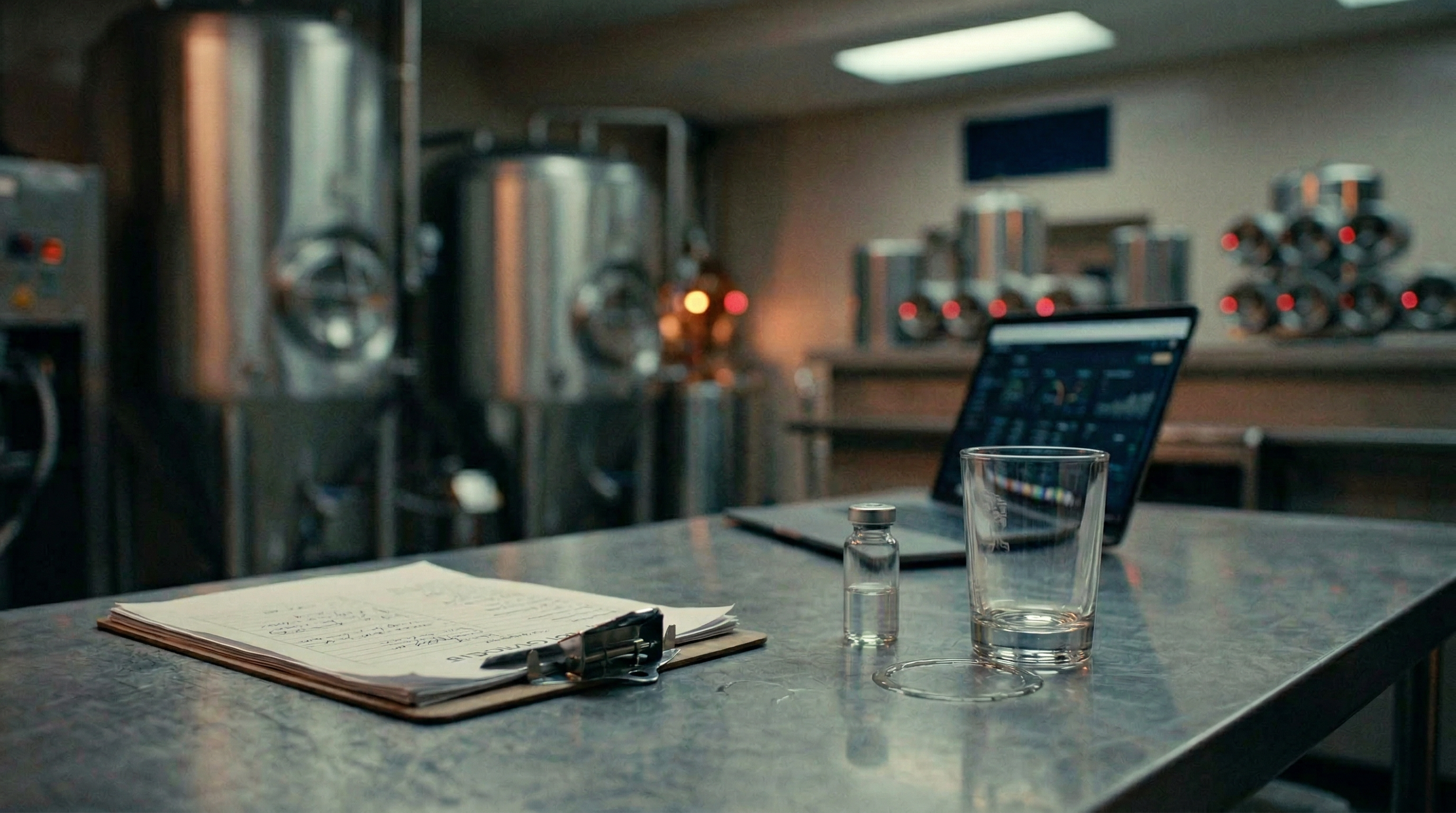 Stainless steel workbench with a QA clipboard, a laptop with blurred dashboards, and a small glass vial under moody workshop lighting.
