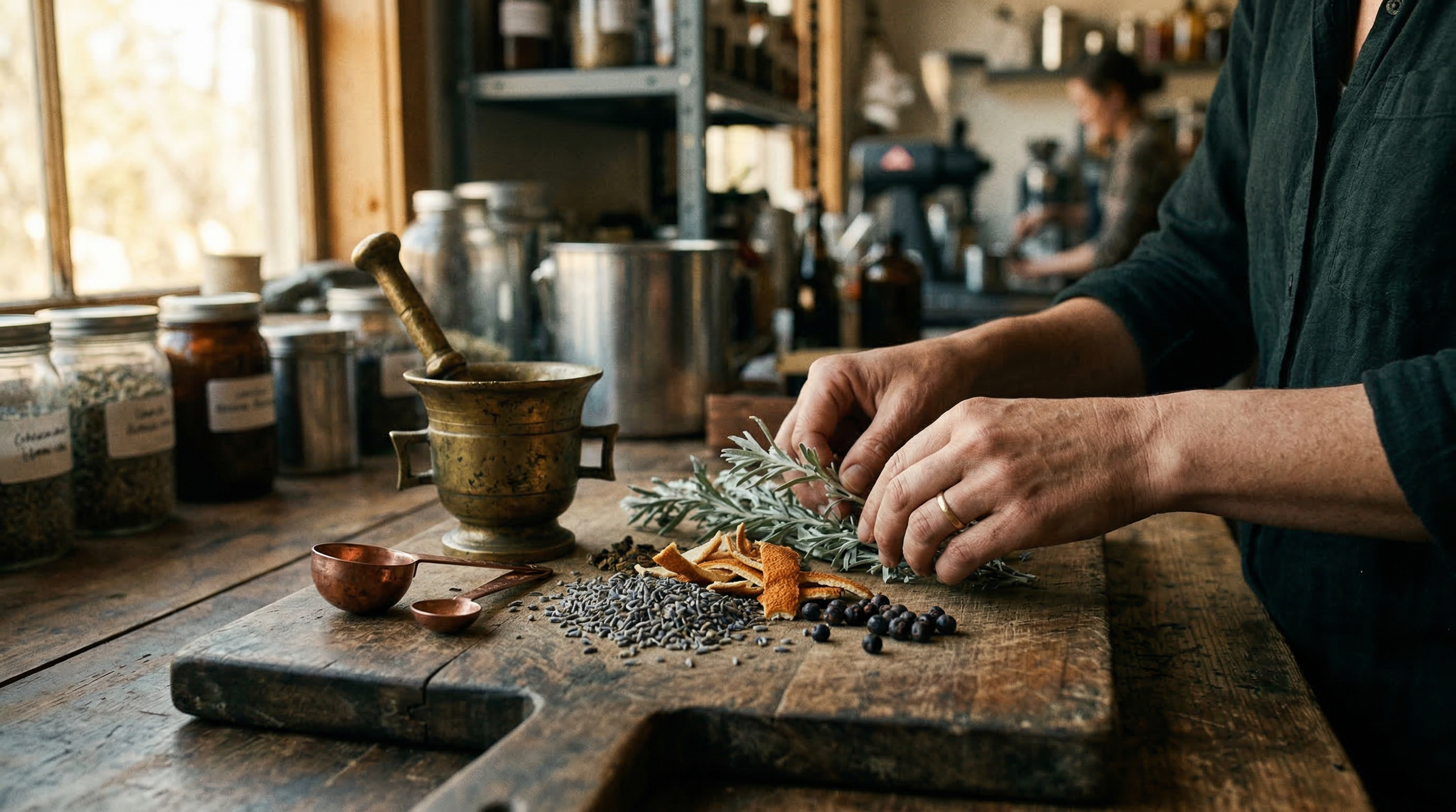 Hands arranging dried botanicals on wooden cutting board with brass mortar and copper measuring tools in warm natural light