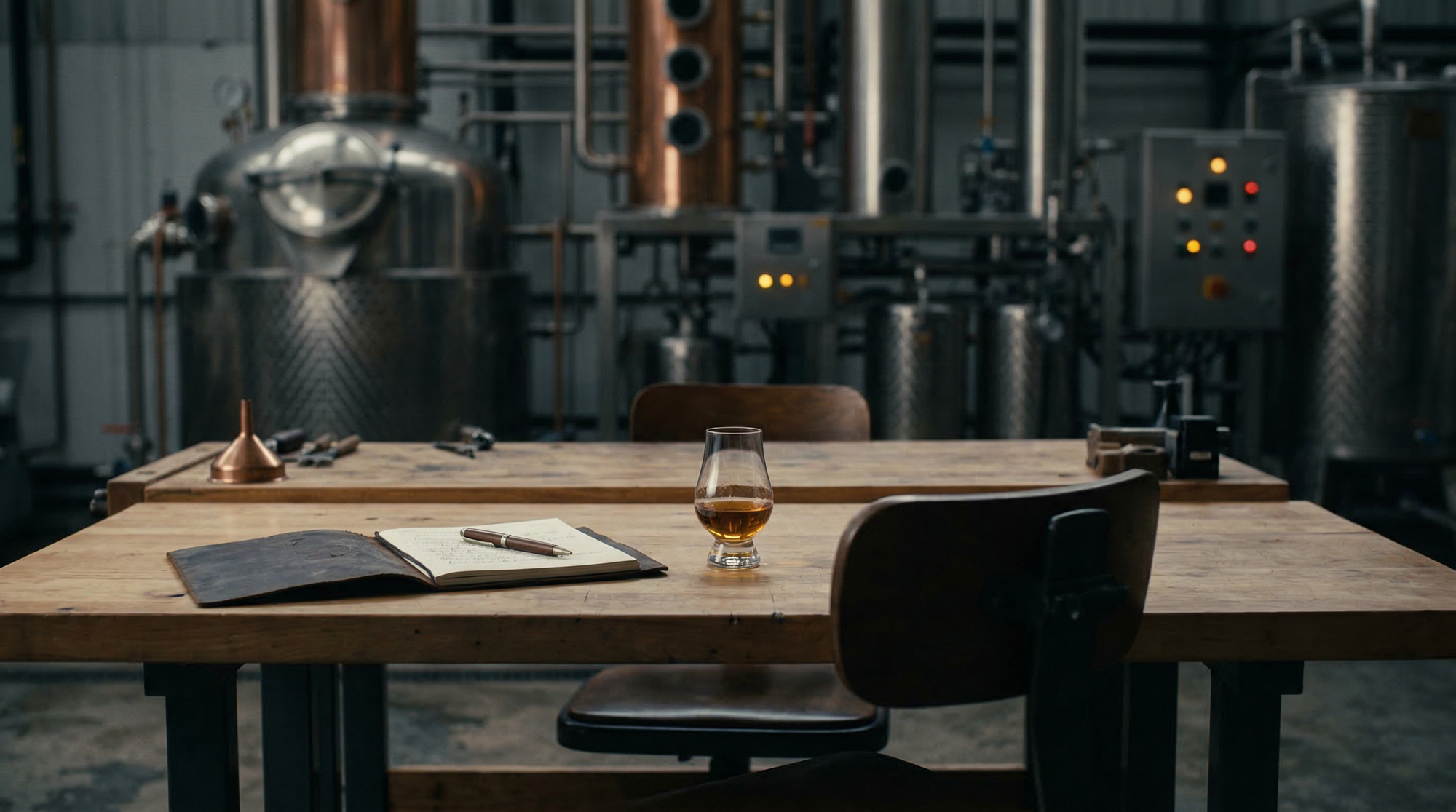 Notebook and pen beside a glass of amber spirit on a wooden workbench in a craft distillery, empty chair suggesting contemplation