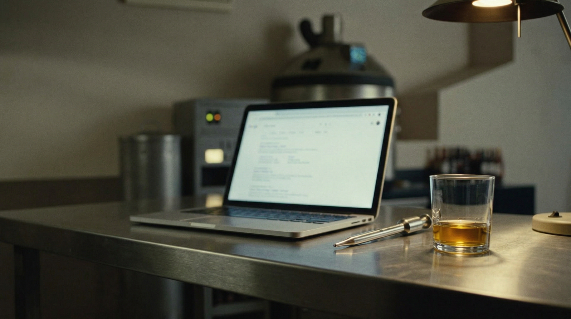 Laptop on a brushed stainless steel workbench with a tasting pipette and a glass of amber liquid, lit by moody workshop lighting.