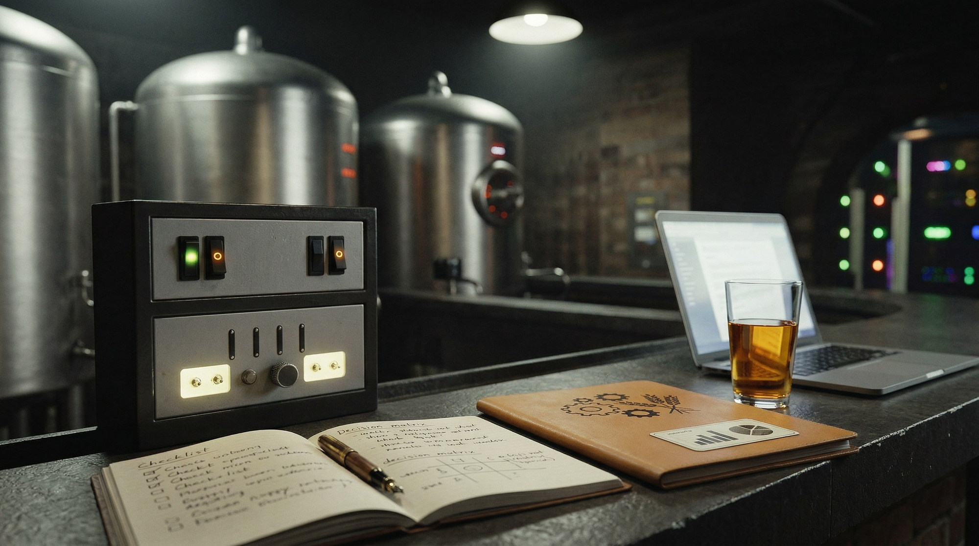 Stainless steel workshop scene with an open notebook of checklists and a laptop beside a glass of amber liquid under moody lighting.