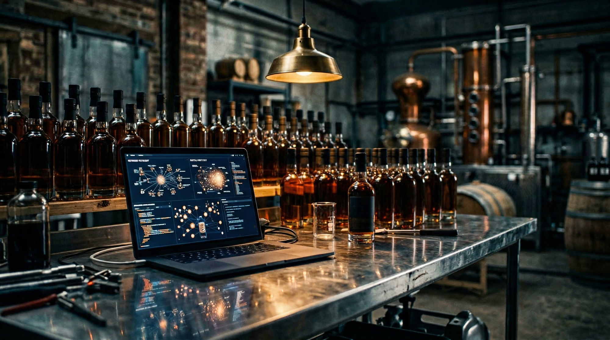 Laptop with data visualisations on brushed steel workbench, amber spirit bottles catching warm pendant light in distillery
