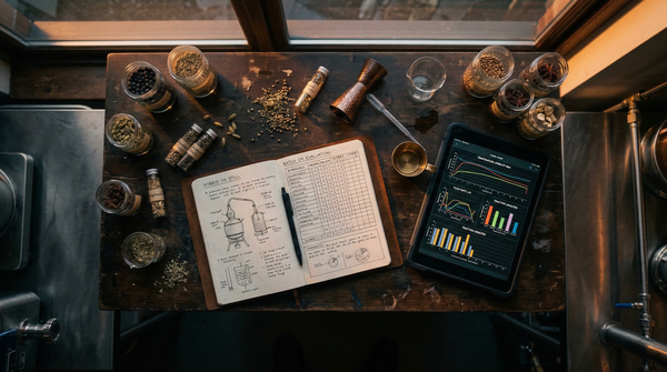 Overhead view of distillery workbench with hand-drawn notebook, scoring matrices, botanical samples in jars, and tablet showing analytics