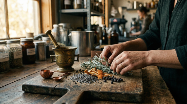 Hands arranging dried botanicals on wooden cutting board with brass mortar and copper measuring tools in warm natural light