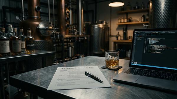 Moody workshop desk with laptop, scattered handwritten notes and botanical ingredients, warm amber lighting