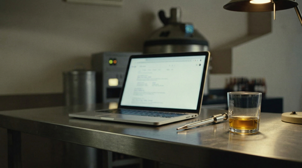Laptop on a brushed stainless steel workbench with a tasting pipette and a glass of amber liquid, lit by moody workshop lighting.