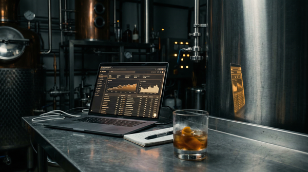 Laptop showing search analytics data in a craft distillery, amber vermouth glass on steel countertop