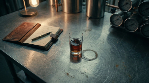 Notebook and craft distillery workbench with botanicals, moody cinematic lighting