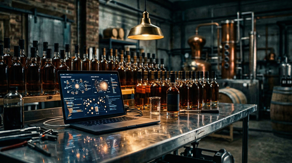 Laptop with data visualisations on brushed steel workbench, amber spirit bottles catching warm pendant light in distillery